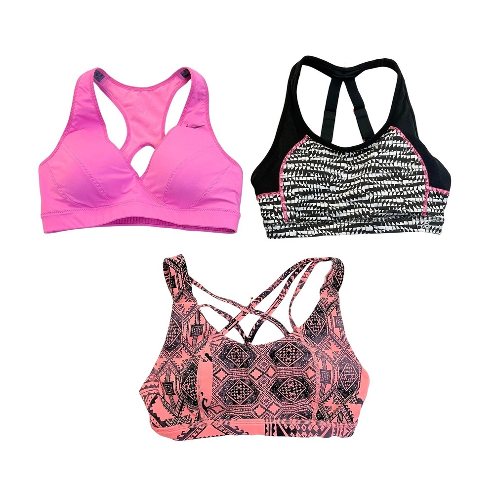 Lot of 3 Sports Bras Sweaty Betty & Nike Run Champion Pink Black Geometric Sz S